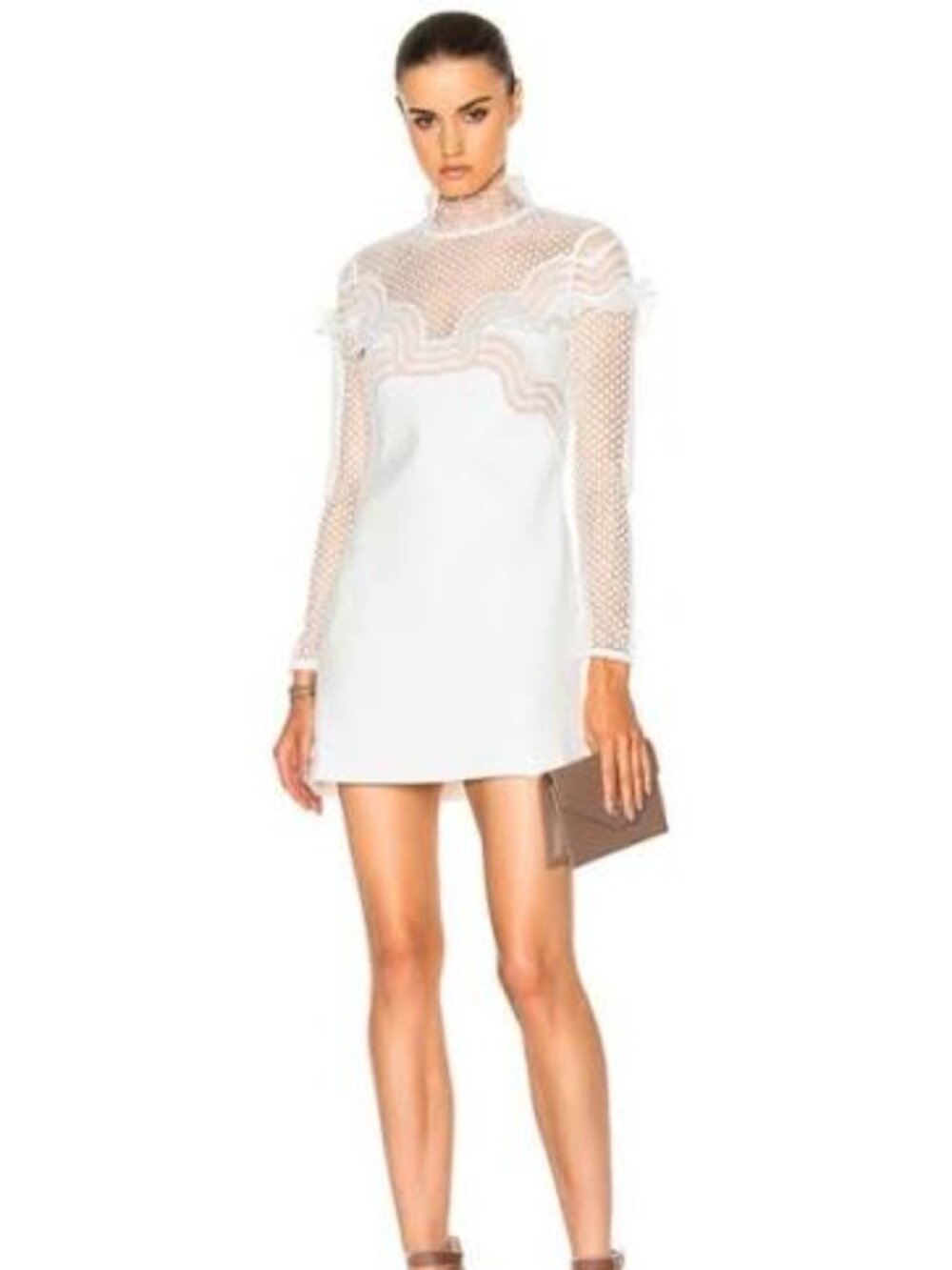 Self Portrait US size 6 Wave Trim Mini Dress Cream Lace Long Sleeve Party Mod